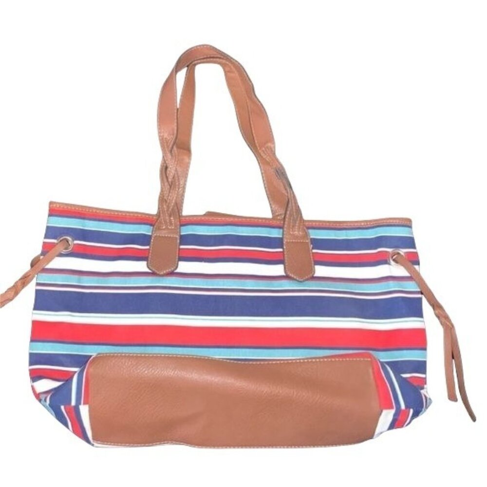 Croft and Barrow Colorful Striped Canvas Tote Bag With Tan Faux Leather Straps